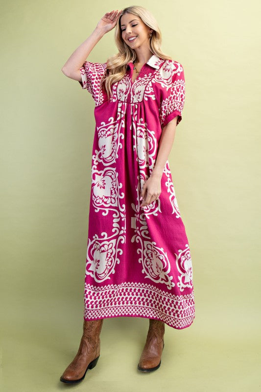 Border Print Smocked Yoke Puff Sleeve Midi Dress