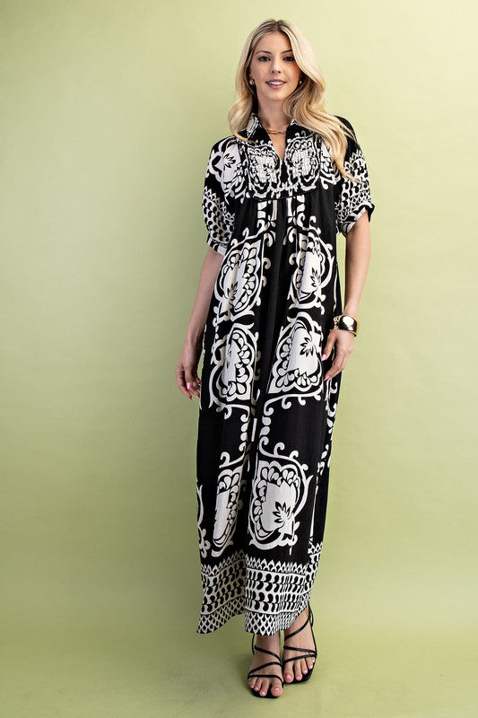 Border Print Smocked Yoke Puff Sleeve Midi Dress-Black