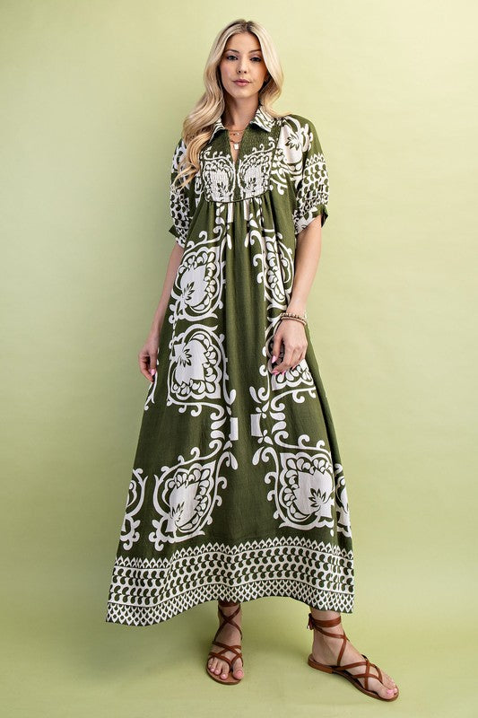 Border Print Smocked Yoke Puff Sleeve Midi Dress-Olive