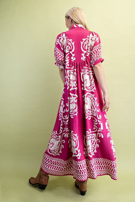 Border Print Smocked Yoke Puff Sleeve Midi Dress
