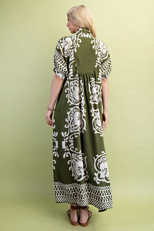 Border Print Smocked Yoke Puff Sleeve Midi Dress-Olive