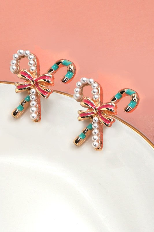 Candy Cane Bow Stud Earring-Red