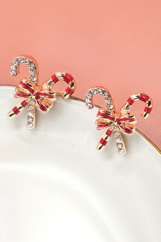 Candy Cane Bow Stud Earring-Red