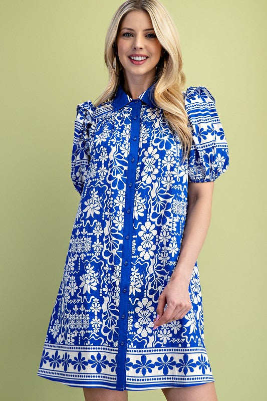 Floral Border Print Button Down Collared Puff Sleeve Dress