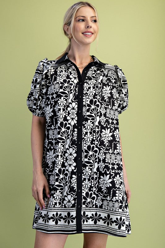 Floral Border Print Button Down Collared Puff Sleeve Dress