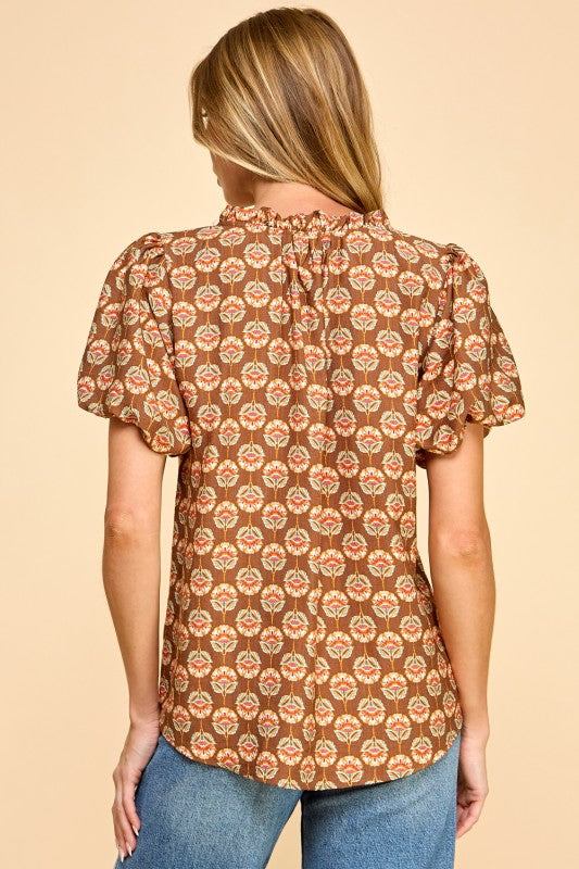 Vertical Flower Print Puff Sleeve Top-Brown