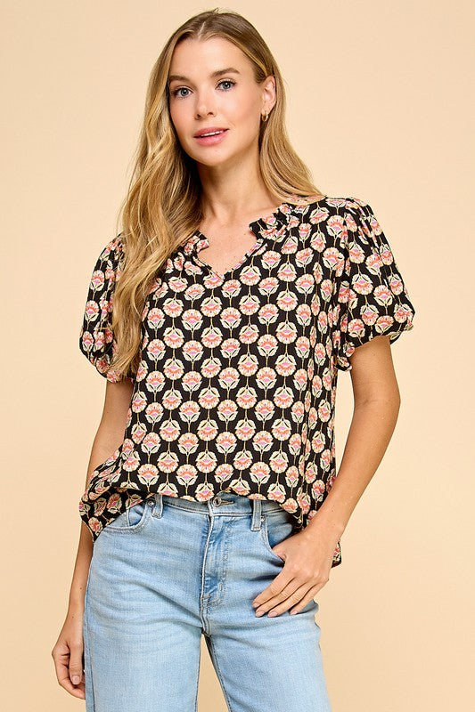 Geo Floral V-Neck Puff Sleeve Top-Black