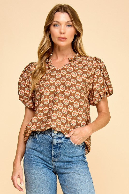 Vertical Flower Print Puff Sleeve Top-Brown