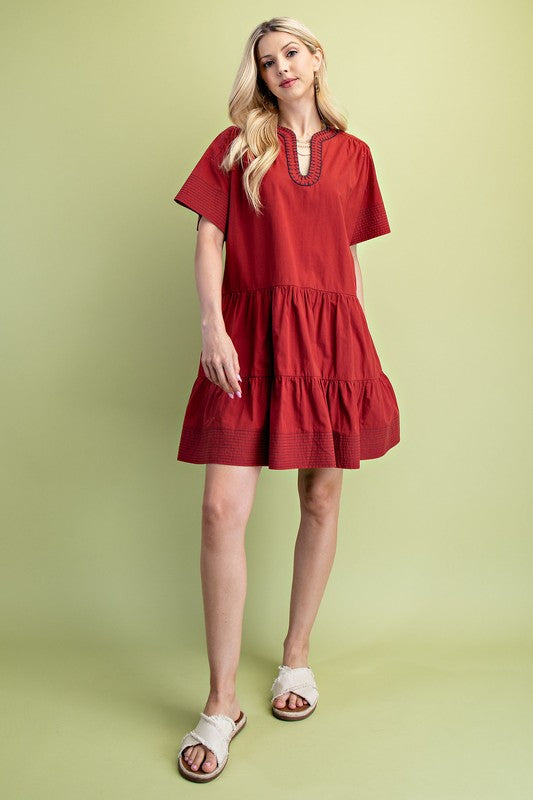 Solid Whip Stitch U-Neck Striped Sleeve Dress