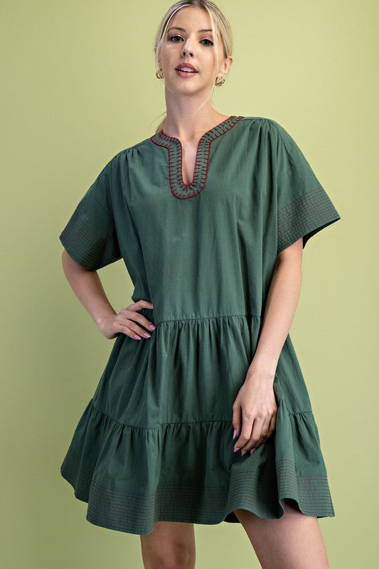 Solid Whip Stitch U-Neck Striped Sleeve Dress