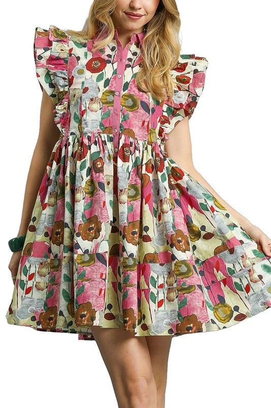 Floral Button Front Ruffle Sleeve Tiered Dress-Pink