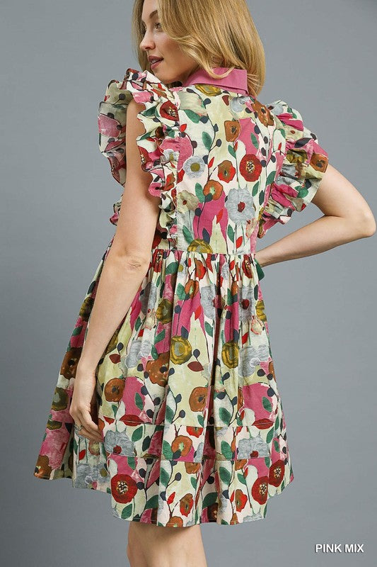 Floral Button Front Ruffle Sleeve Tiered Dress-Pink