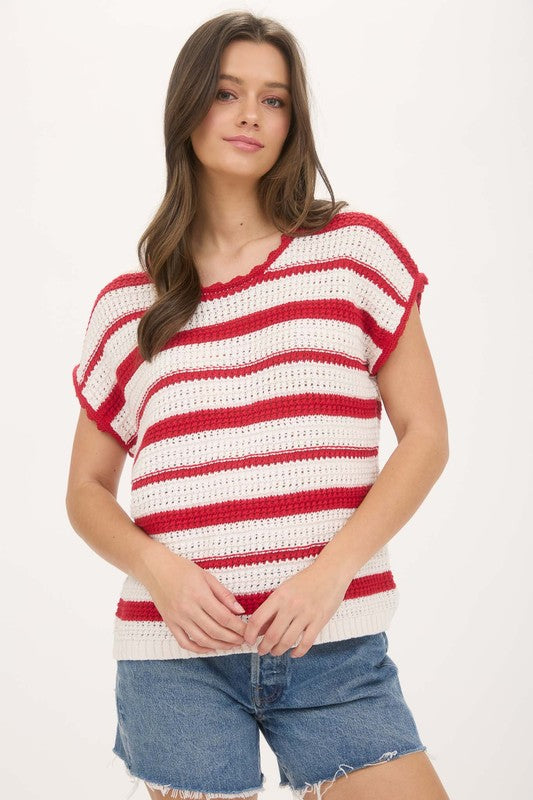Striped Scallop Trim Tie Back Short Sleeve Sweater