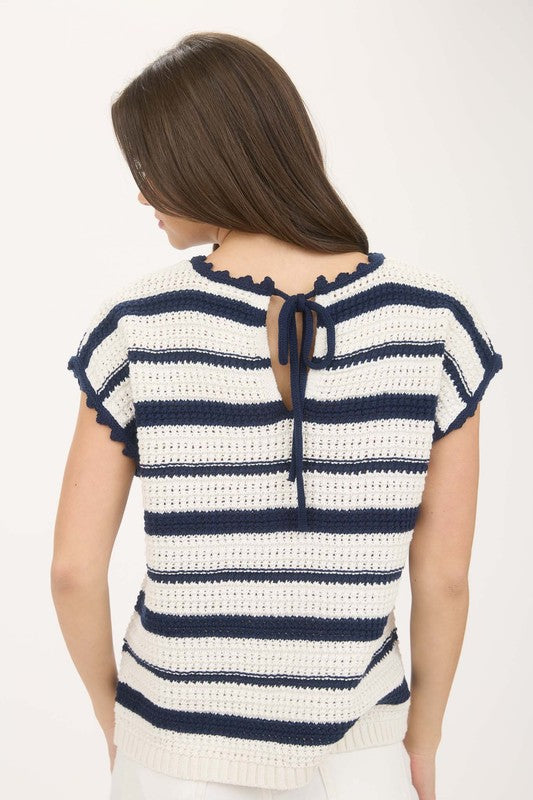 Striped Scallop Trim Tie Back Short Sleeve Sweater