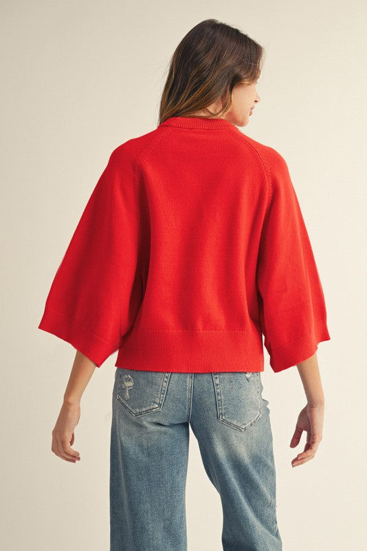 Solid Drop Shoulder Wide 3/4 Sleeve Sweater-Red