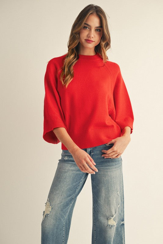 Solid Drop Shoulder Wide 3/4 Sleeve Sweater-Red