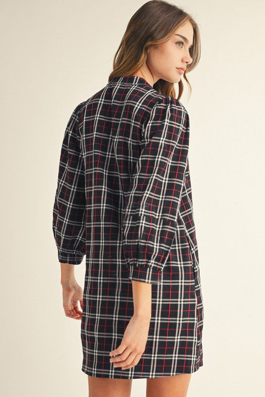 Windowpane Plaid V-Neck 3/4 Sleeve Dress