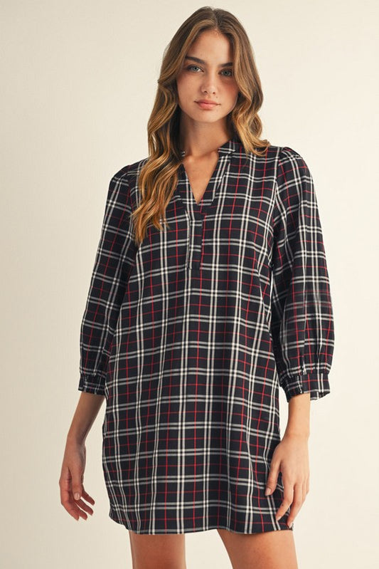 Windowpane Plaid V-Neck 3/4 Sleeve Dress
