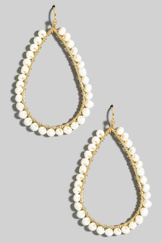 Wire Wrap Pearlized Bead Teardrop Earring-Ivory