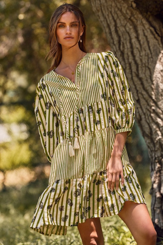 Floral & Stripe 3/4 Sleeve Tie Neck Dress-Olive
