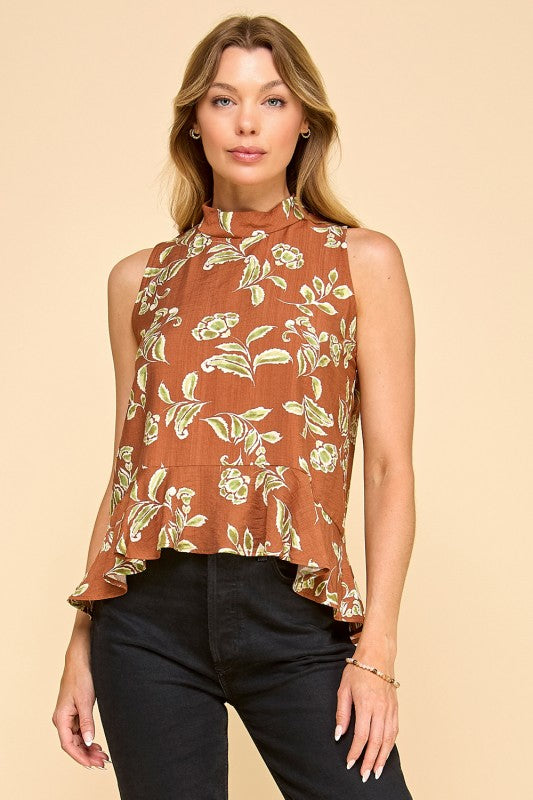 Floral Leaves High Neck Peplum Top-Brown