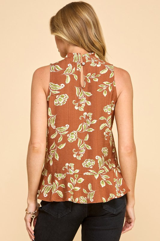 Floral Leaves High Neck Peplum Top-Brown