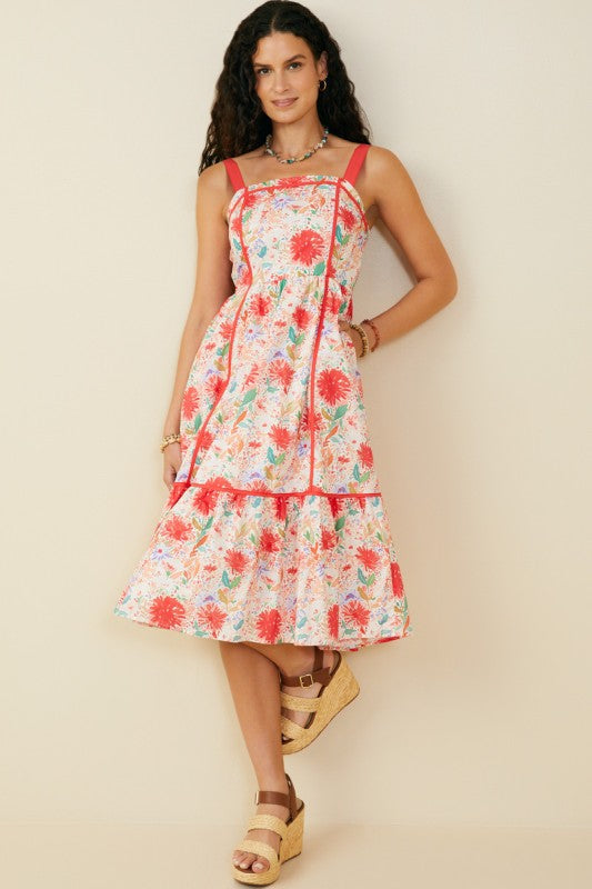 Floral Piped Detail Smocked Back Tank Midi Dress-Red