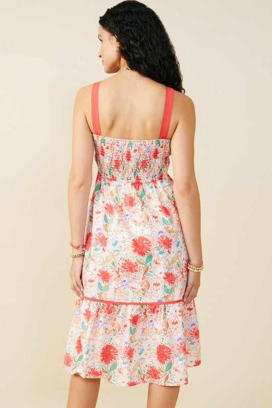 Floral Piped Detail Smocked Back Tank Midi Dress-Red