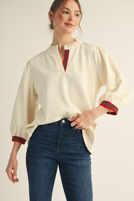 Solid 3/4 Sleeve Ruffle Stripe Contrast Neck Top-Ivory