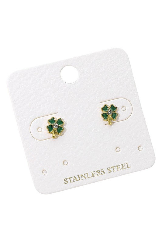 Mini 4 Leaf Clover Stud Earring-Green