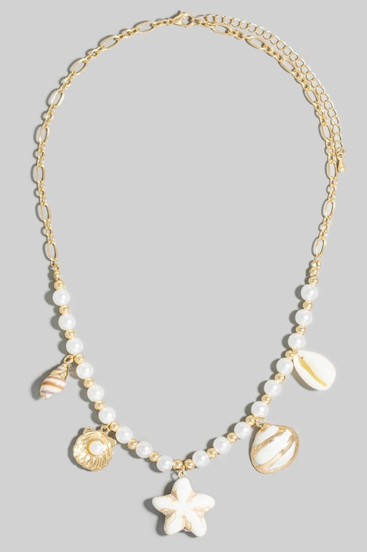 Pearl Chain Seashell Charms Necklace-Natural