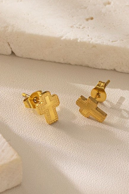 Etched Cross Stud Earring-Gold