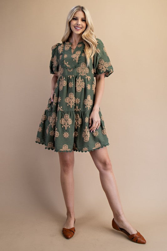 Flower Medallion Puff Sleeve Scallop Trim Dress-Olive