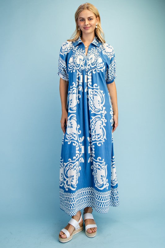 Border Print Smocked Yoke Puff Sleeve Midi Dress