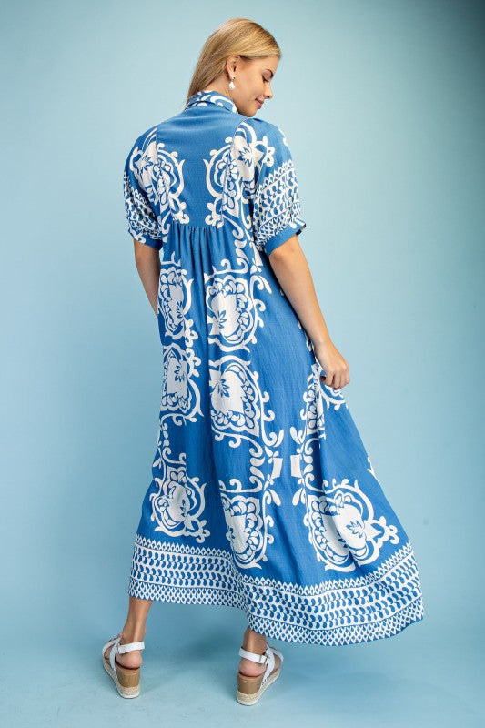 Border Print Smocked Yoke Puff Sleeve Midi Dress