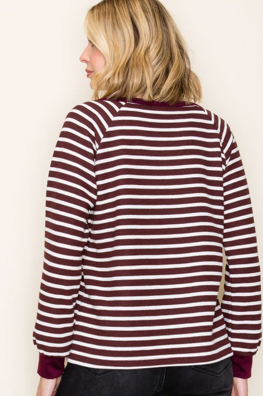 Striped Long Sleeve Split V-Neck Top-Burgundy