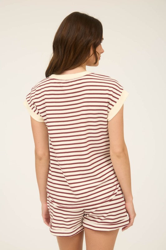 Striped Henley Snap Button Short Sleeve Top