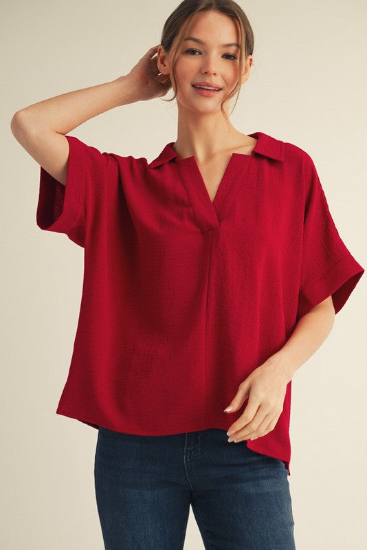 Solid Collared V-Neck Dolman Sleeve Top -Fall