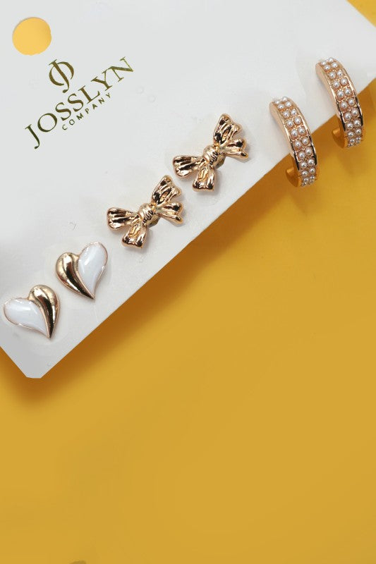 White Heart Pearl Hoop Bow Trio Earring Set