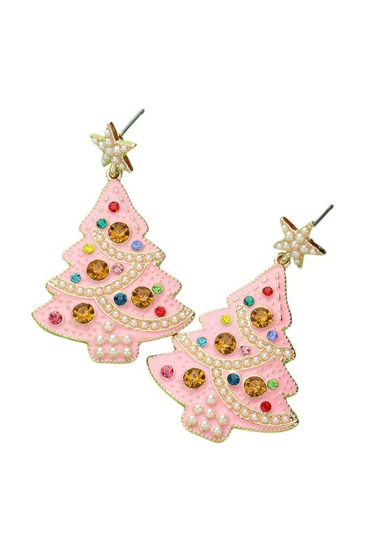 Pearl Embellished Enamel Tree Earring-Pink