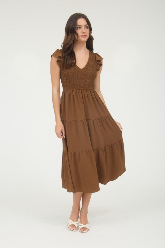 Solid Flutter Sleeve Smocked V-Neck Maxi Dress