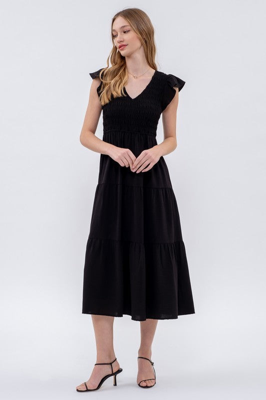 Solid Flutter Sleeve Smocked V-Neck Maxi Dress