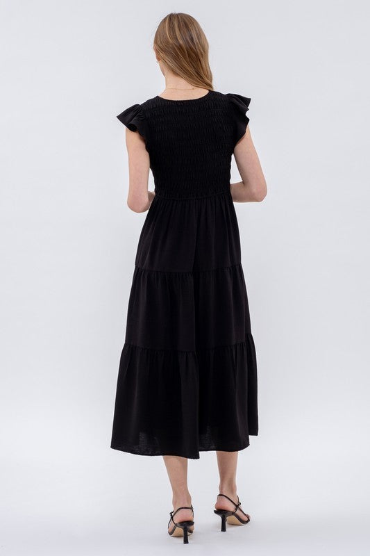 Solid Flutter Sleeve Smocked V-Neck Maxi Dress