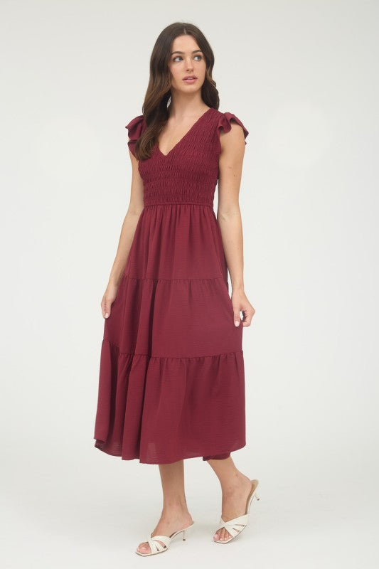 Solid Flutter Sleeve Smocked V-Neck Maxi Dress
