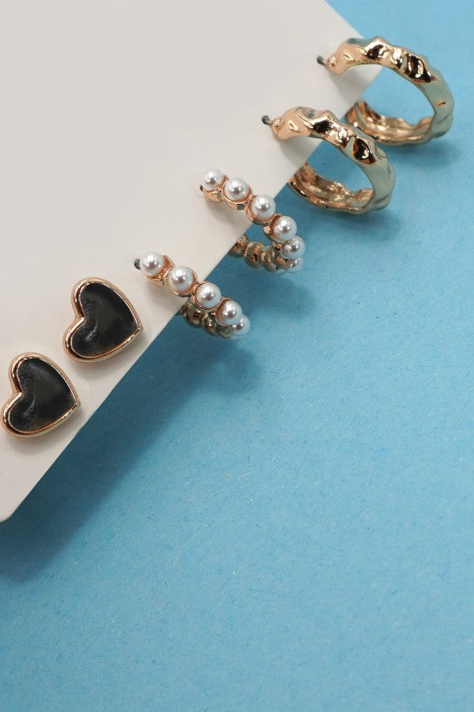 Black Heart Pearl Trio Earring Set