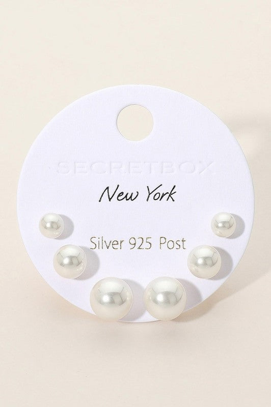 Carded Set of 3 Pearl Stud Earrings