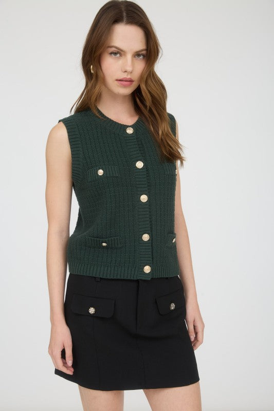 Gold Button Sleeveless Pocket Sweater