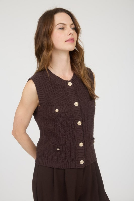 Gold Button Sleeveless Pocket Sweater