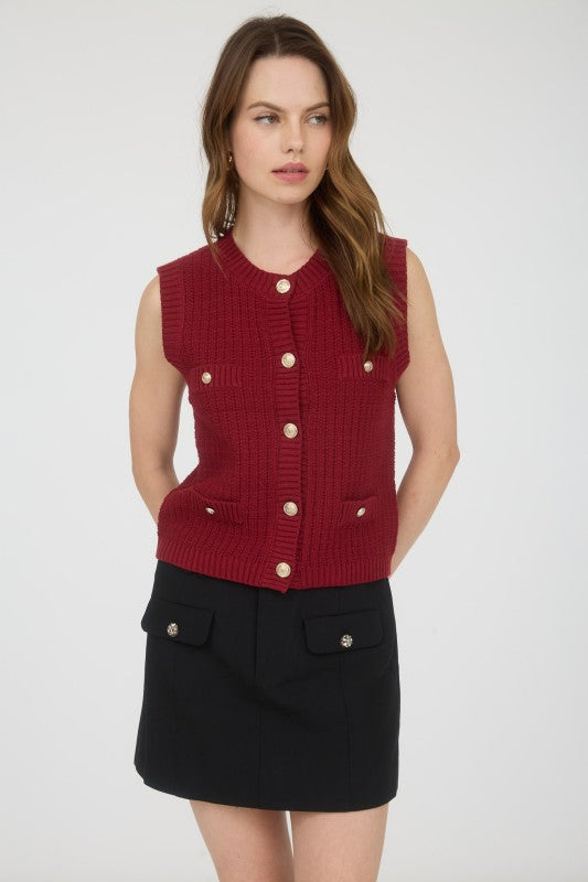 Gold Button Sleeveless Pocket Sweater