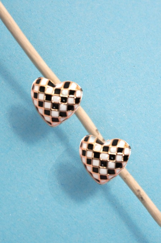 Black & White Checkered Heart Stud Earring